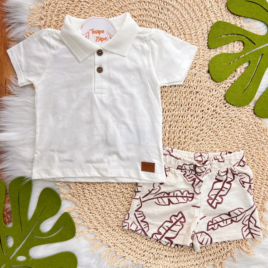 Conj. Camiseta Gola Polo e Bermuda em Linho Folhagem - Off White e Bordô 